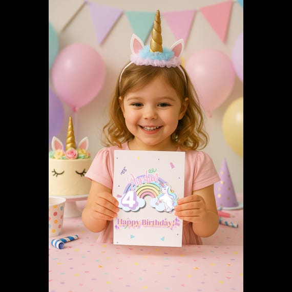 Personalized Unicorn Birthday Card – Name & Age Customizable – Printed or Digital – Rainbow Pastel Theme – Girls Birthday Card