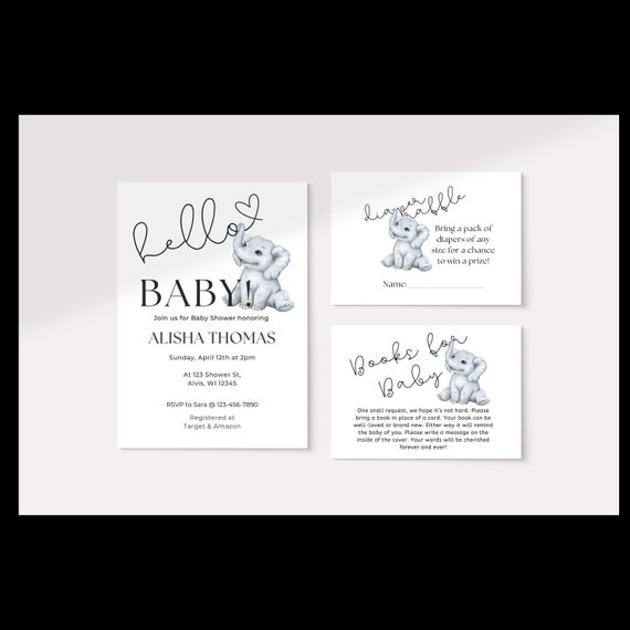 Editable Gender-Neutral Baby Shower Invite Bundle with Stylish Elephant, Minimalist, Modern, Simple Shower Invite, Canva Template, Download