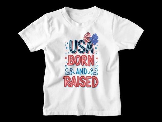 USA Born and Raised Patriotic T-Shirt | First 4th of July American Pride Shirt | Independence Day Outfit | Red White Blue Bow | Girls Tee