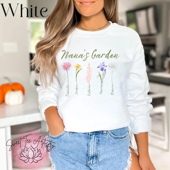 Grandma's Garden Sweatshirt, Custom Birth Flower Sweatshirt, Gift for Grandma, Love Grows Here, Mom's Garden Sweatshirt, Gigi, Memaw, Nana