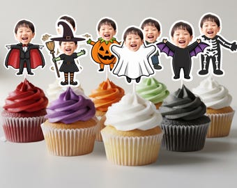 Halloween Cupcake Toppers with Face | Spooky One Birthday Party Décor | Dracula, Witch, Mummy, Ghost, Pumpkin, Skeleton | Kids Cupcake Picks