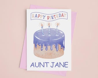 Personalized Birthday Card: Cake Design, Custom Name (Shipped or Printable)