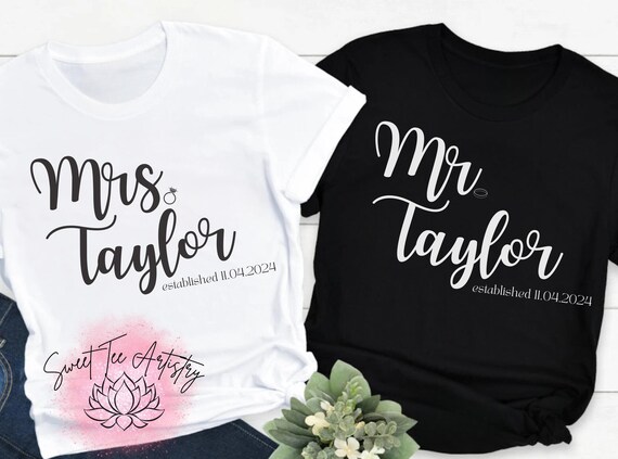 Personalized Mr. and Mrs. Couples Last Name Established Date Shirts - HIs & Hers Custom Wedding Gifts - Everyday Wear - Bridal Shower Gifts