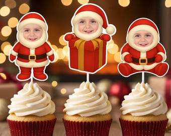 Santa Face Cupcake Toppers | Custom Christmas Party Decorations | Personalized Holiday Cupcake Picks Kids & Adults | Oh What Fun Birthday