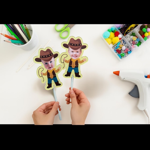 Custom Cowboy Cupcake Topper – Western Birthday Decoration, Personalized Baby Face Topper, Wild West Party Favor, Rodeo Theme Cupcake Pick
