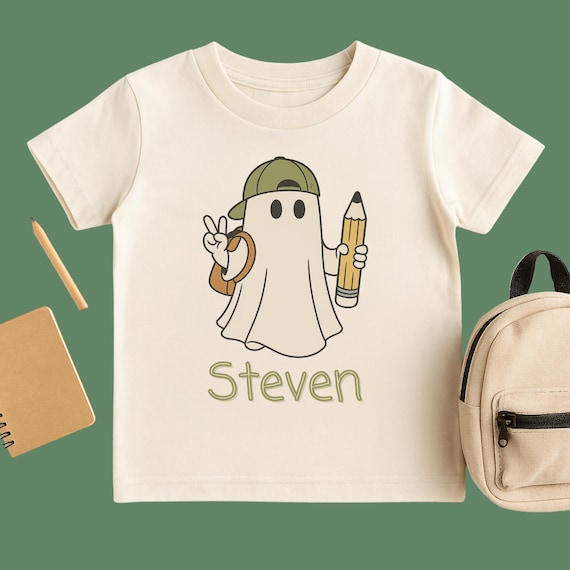 Personalized Back-to-School Ghost Shirt – Toddler & Youth Halloween Tee | Custom Name Fall Shirt | Boys Peace Sign Ghost with Pencil