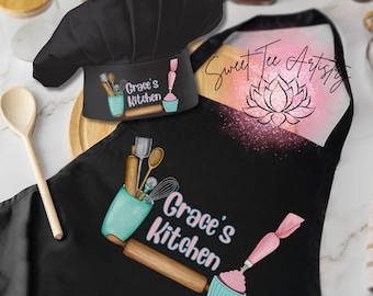 Personalized Chef's Hat & Apron Set - Cupcake Baking Design - [Your Name]'s Kitchen - Great Gift for Christmas, Birthdays, Mother's Day