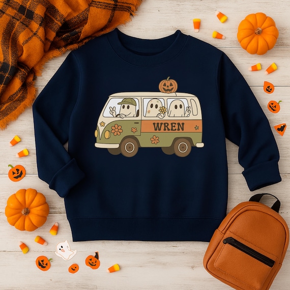 Personalized Halloween Ghost Van Shirt for Kids – Custom Name Fall Tee – Trick or Treat Shirt – Matching Halloween Cute Ghost Bus Sweatshirt