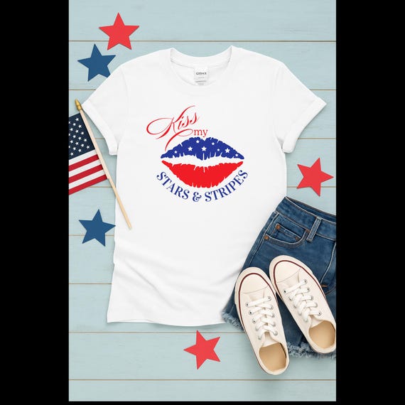 Kiss My Stars & Stripes Shirt – Funny Patriotic July 4th Tee – Women's Sassy America Shirt – USA Lips Graphic Tee – Independence Day Outfit
