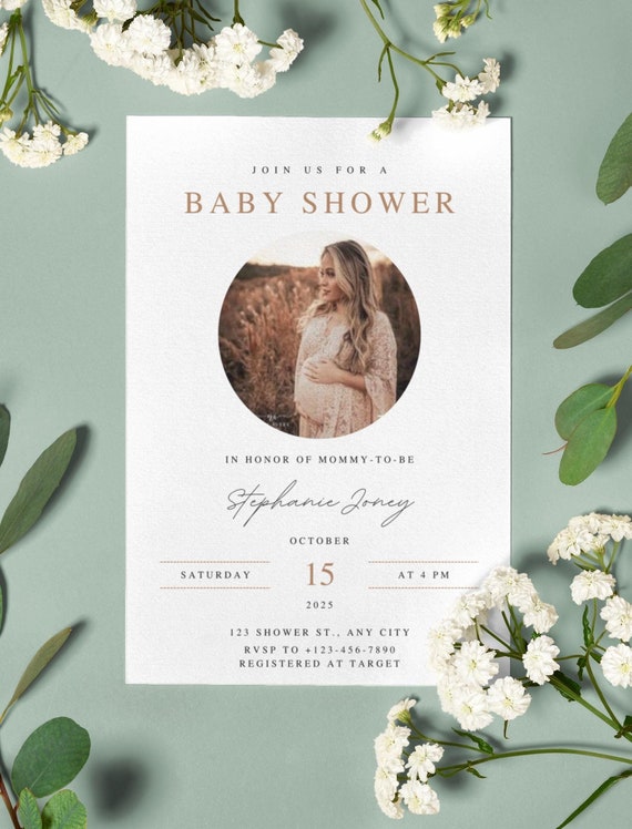 Photo Baby Shower Invitation Template, White and Brown Minimalist Invite With A Photo, Editable Invitation Download With A Photo, Canva