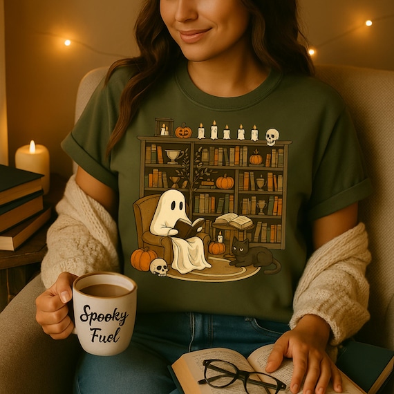 Cozy Ghost Library Halloween Shirt | Bookish Fall Vibes | Spooky Season Sweatshirt or Tee with Black Cat & Candles | Cottagecore Reader Gift