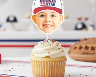Baseball Birthday Face Cupcake Toppers | Rookie of the Year Photo Heads | Baseball Party Decor, First Birthday Supplies, Sports Theme Banner