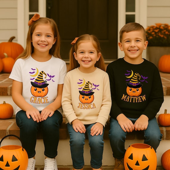 Personalized Halloween Shirt | Custom Kids Pumpkin Tee | Spooky Season Toddler Gift | Witch Hat Trick or Treat Shirt Matching Sibling Outfit