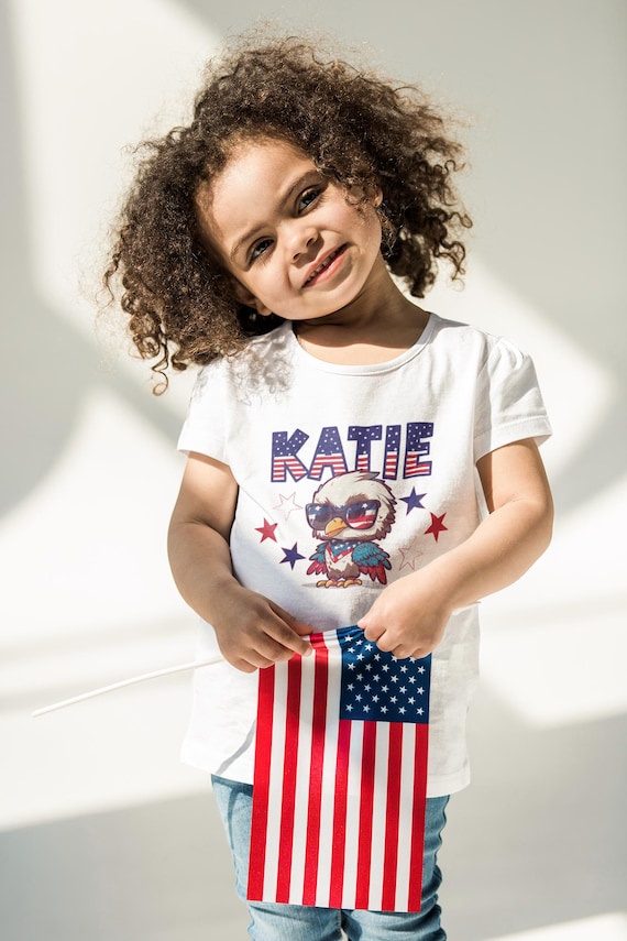 Personalized Kids Patriotic Eagle T-Shirt- Custom American Flag Name- 4th of July Outfit- Eagle USA Sunglasses- Independence Day Child's Tee
