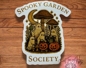 Cottagecore Ghost Sticker: Spooky Garden Pumpkin Laptop Decal