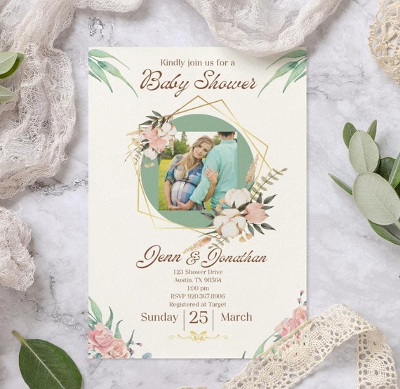 Photo Baby Shower Invitation Template - Gold & Cream Minimalist Invite With A Photo - Editable Invitation Download - Canva Template