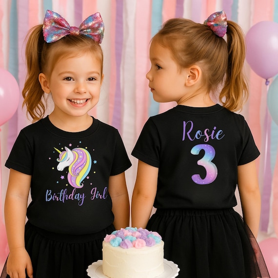 Personalized Unicorn Birthday Shirt for Girls – Custom Name & Age – Magical Birthday Girl Party Outfit – Pastel Rainbow Unicorn Card and Tee