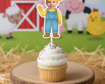 Farmer Face Cupcake Toppers with Tractor & Farm Animals – Barnyard Birthday Party Decor, Farm Theme or Hoe Down Party Supplies - Cowboy