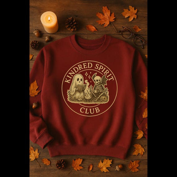 Kindred Spirit Club Halloween Shirt – Cozy Ghost & Skeleton Campfire Tee or Sweatshirt – Cottagecore Fall Aesthetic Witchy Book Club