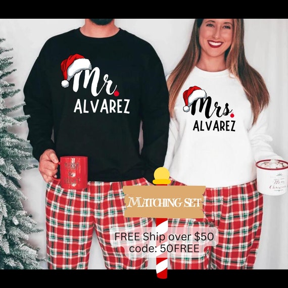 Matching Christmas Pajamas - Personalized Mr. and  Mrs. Shirt - Custom Couple Holiday T-Shirt - Festive X-Mas Sweatshirt - Holiday Clothing