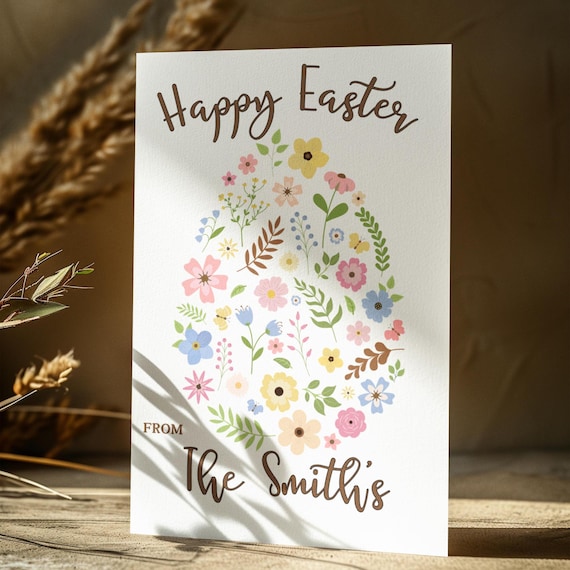 Personalized Easter Card - Custom Family Name Spring Floral Egg Design - Easter Card with Custom Family Name