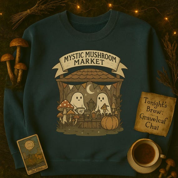 Mystic Mushroom Market Ghost Sweatshirt – Cottagecore Halloween Shirt, Cozy Witchcore Pullover, Book Lover Gift, Fall Aesthetic Top