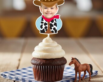 Cowboy Birthday Face Cupcake Toppers | My First Rodeo Birthday Party Decorations | Personalized Western Theme 1st Birthday Party Supplies