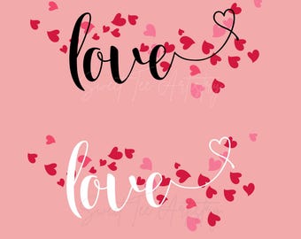 Love Hand-Lettered Design | Digital PNG | Floating Hearts Art | Black & White Design Files