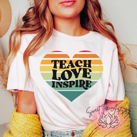 Teach Love Inspire Shirt | Retro Rainbow Teacher Heart | 70s Style Teacher Gift | Vintage Teacher Appreciation Top