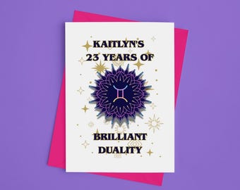 Personalized Gemini Birthday Card: Modern Celestial Zodiac Design