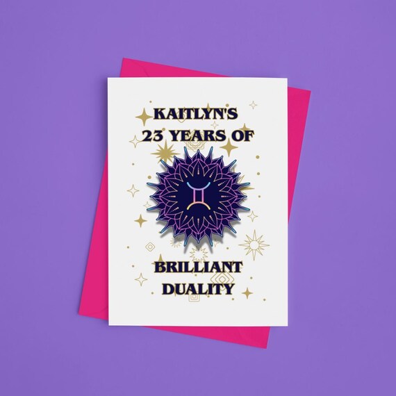 Personalized Gemini Birthday Card – Astrology-Inspired Greeting - Custom Name, Age, & Message - Cosmic Zodiac Design - Modern Celestial Gift