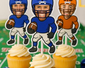 Football Player Photo Face Cupcake Toppers | Personalized Jersey Number or First Year Down | Sports Party Decorations | Birthday Topper
