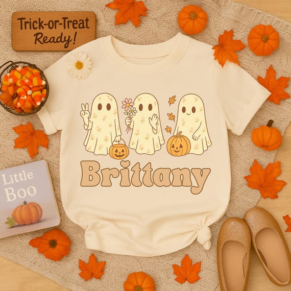 Personalized Floral Ghost Trio Shirt – Halloween Toddler Tee – Custom Name – Fall Girls Outfit – Pumpkin Patch Shirt – Cute Toddler Costume