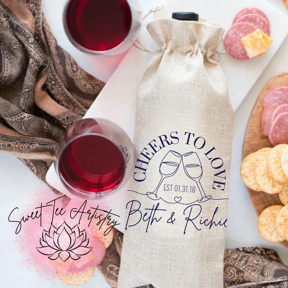 Personalized Wine Bottle Gift Bag Wedding Favor Gift Bag- Cheers to Love - Custom Personalized Gift - Wedding, Anniversary - Whiskey Bag