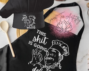 Funny Chef's Hat and Apron Combo - "This Shi+ is Going to Be Delicious" - Kitchen Apron and Cap Set - Hilarious Cooking Attire