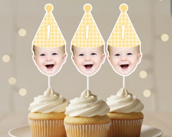 Gingham Birthday Face Hat Cupcake Topper for Any Age | Silly Goose Theme Pastel Party Hat Cupcake Decoration | Custom Face Cutout on Stick