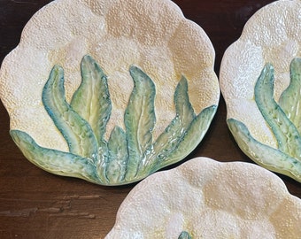 3 Vintage Figural Cauliflower Salad Plates Made in Italy Hand Painted Majolica vegetable theme Plates - Set of 3