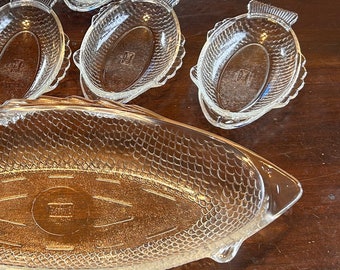 SET Vintage 1960's Glasbake 4141 Fish Platter and Six J-2145 Fish Serving Plates