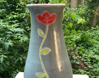 Hand Painted Poppy Pottery Vase: Vintage Floral Vase