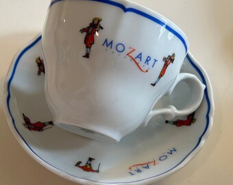 Vintage Porcelain Mozart Salzburg Germany Hotelware Tea Cup w Saucer Set Amadeus Mozart Violins Restaurant Ware Pristine Cond