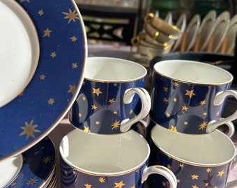 Vintage Galaxy Fine Porcelain by Sakura 14k Gold Cups and Saucers Set of 6 Holiday Astronomers Gift Starry Night Gold Stars Cobalt Sky Cups