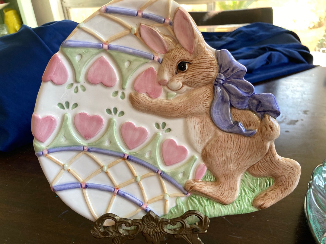 Vintage Fitz and Floyd Easter Bunny Plate Purple Pink Green Pastel