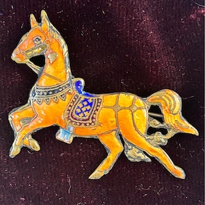 Enamel Horse Brooch Golden Copper Colored with Cobalt Details Sterling Silver Equestrian Pin