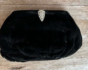 1930’s NRA Black Velvet Art Deco Clutch Bag Silver Clasp 9” x 6”