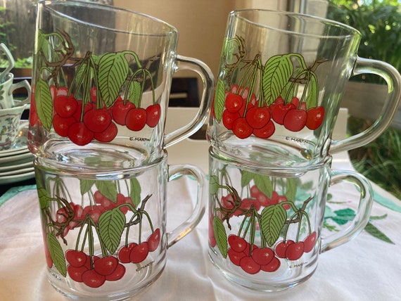 Set 4 Vintage Clear Glass Hand Painted Cherry Coffee Cup by E