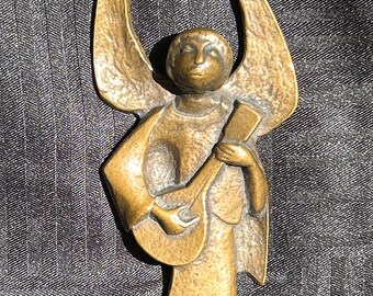 Bronze Dimensional Angel Relief Figure with Lute 6.5” wall hanging Angelic gift