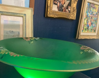 Early 1900's Tiffin Green Hand Painted Depression Era Bowl Uranium Glowing Glass Bowl with Flowers Glows under UV Collectors
