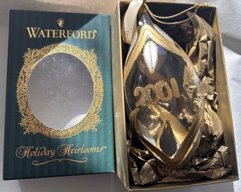 2001 Waterford Holiday Heirloom Italy Lucerne Egg Ornament  in Original Box Waterford Collectors Ornament Clear and Gold Painted