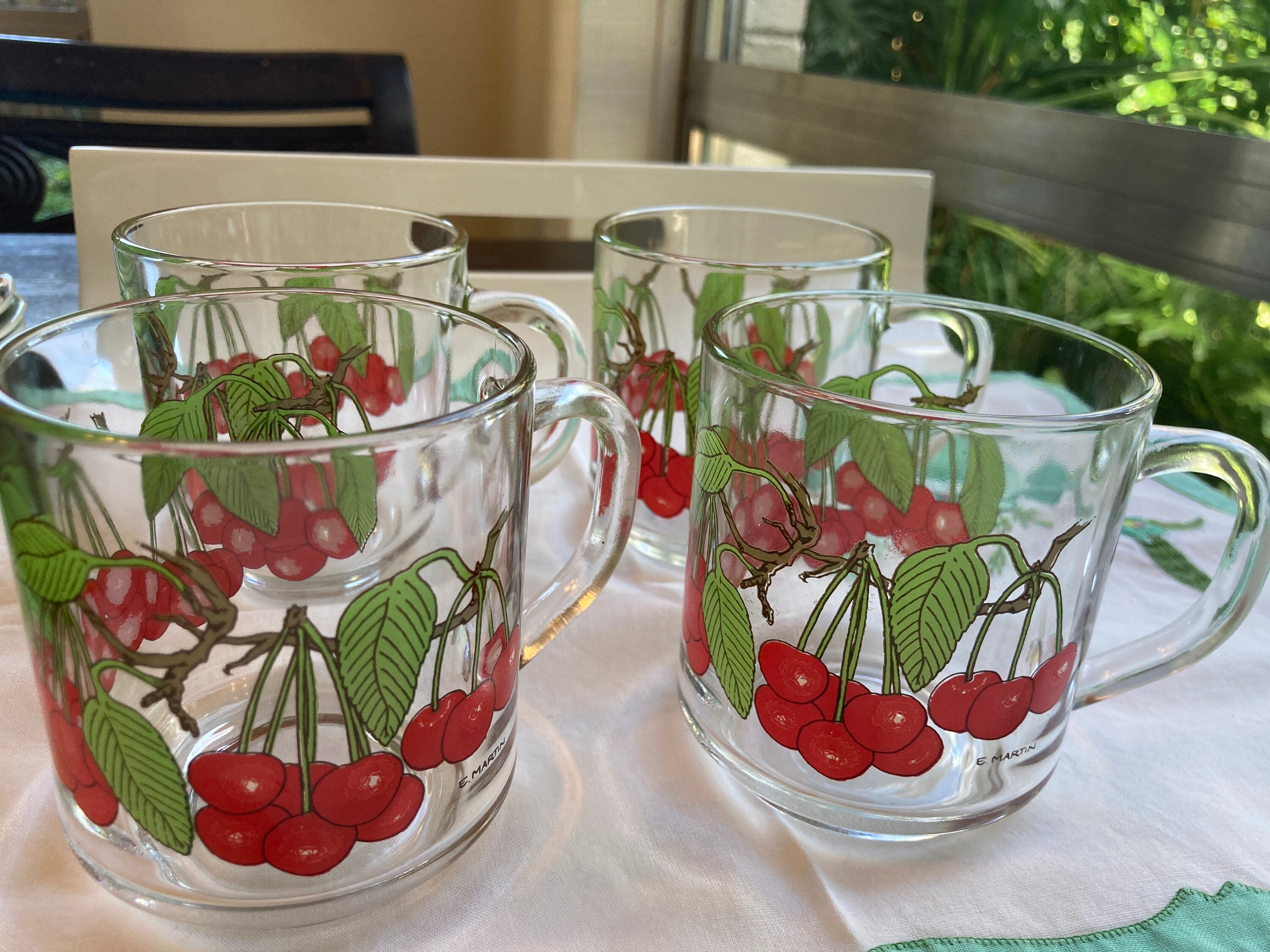 Set 4 Vintage Clear Glass Hand Painted Cherry Coffee Cup by E