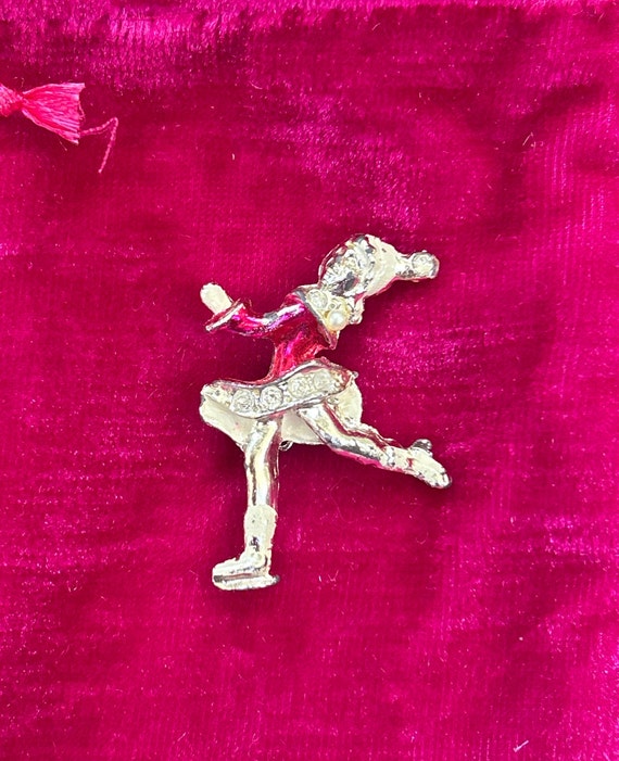 Vintage Silver and Pink Enamel Ice Skater w Rhine… - image 1